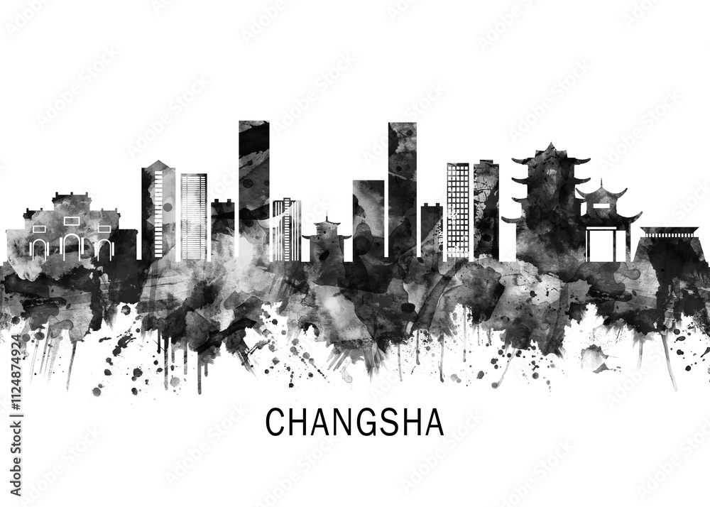 Fototapeta premium Changsha China Skyline BW, cityscape buildings city skyline architecture illustration abstract modern painting travel poster landscape print urban art