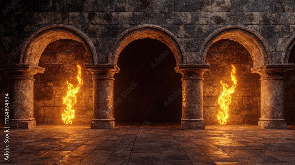 Fototapeta premium Ancient classic architecture stone arches with flames