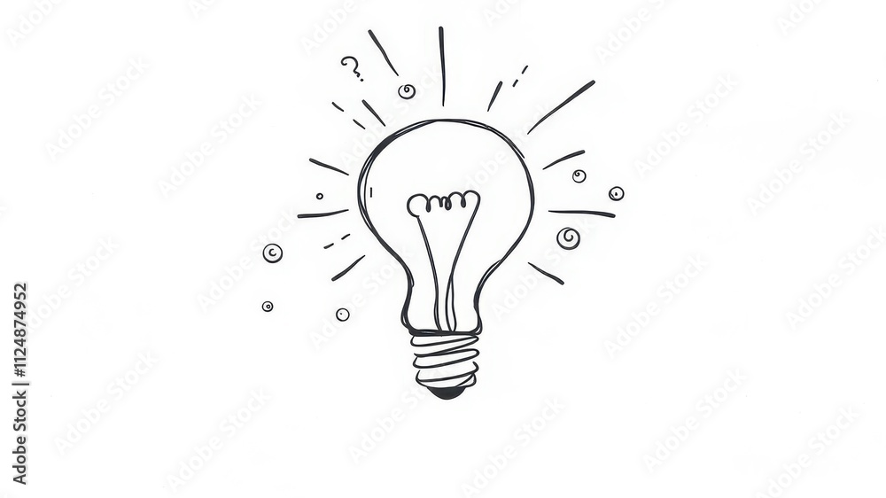 Hand-drawn illustration of a light bulb with a glowing filament, surrounded by doodle-style swirls and squiggles, creativity, symbol, hand drawing Hand-drawn illustration of a light bulb with a glowing filament, surrounded by doodle-style swirls and squiggles, creativity, symbol, hand drawing