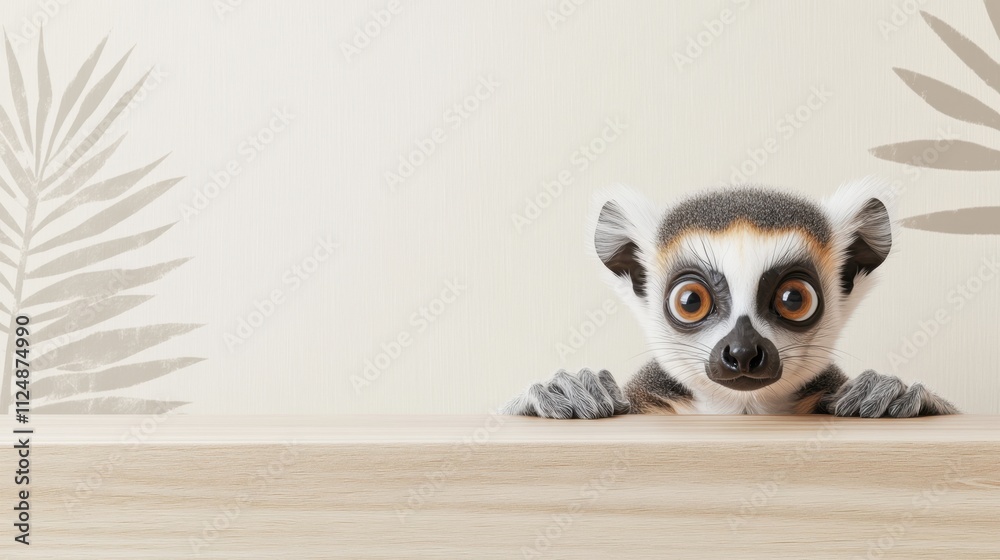Obraz premium A curious lemur gazes over a wooden surface with its big eyes, surrounded by a light backdrop featuring palm leaf designs in a bright atmosphere. Generative AI