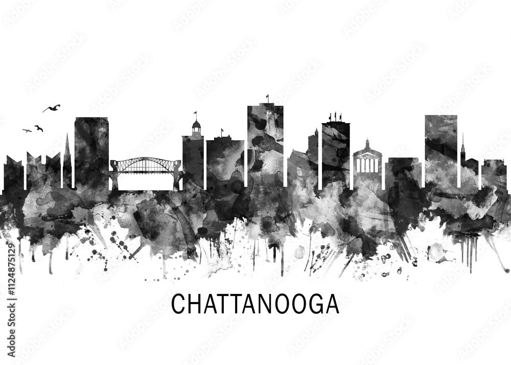 Chattanooga Tennessee Skyline BW, cityscape buildings city skyline architecture illustration abstract modern painting travel poster landscape print urban art