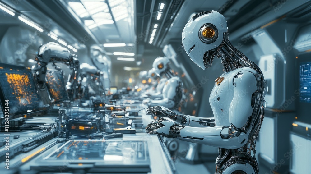 Fototapeta premium Realistic view of robotic workers maintaini