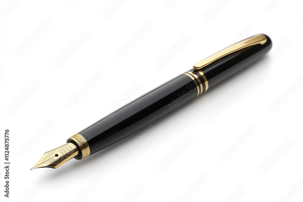 Elegant black and gold fountain pen lying on white background Elegant black and gold fountain pen lying on white background