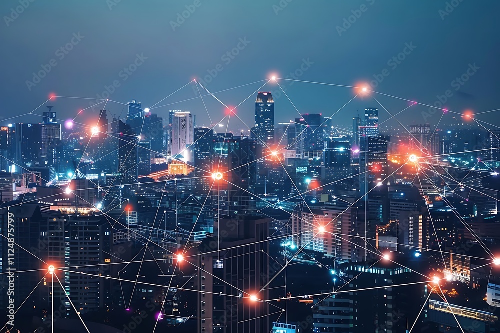 Obraz premium Cityscape and network connection concept with cityscape at twilight time.