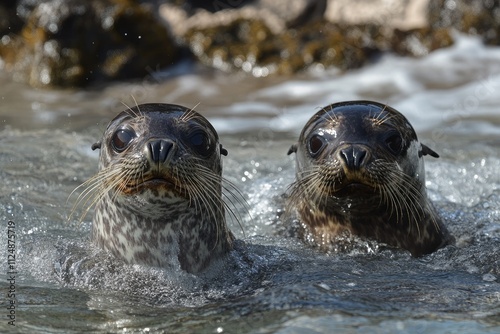 Two galapagos fur seals swimming in water photo