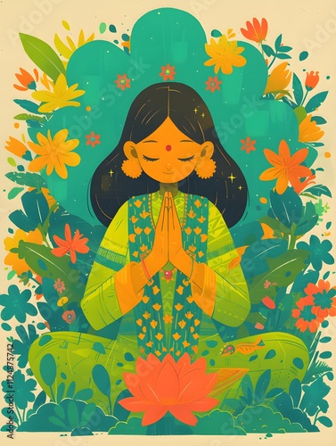 Woman with long black hair meditating in lotus position surrounded by flowers. Yoga and nature concept. Illustration for design, print, card, banner with copy space