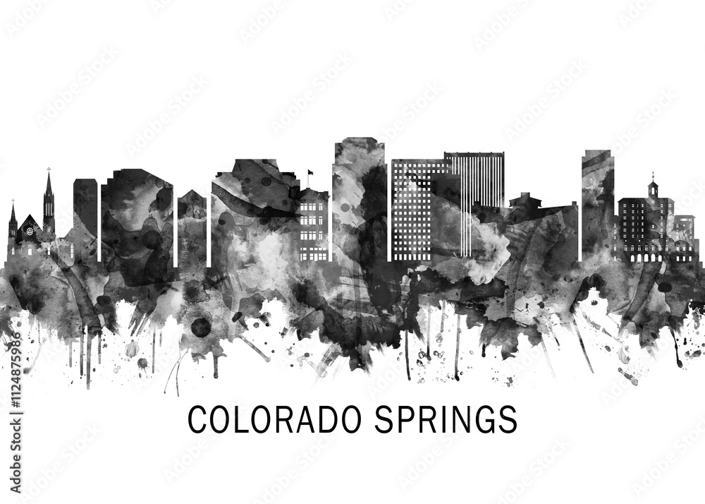 Colorado Springs Colorado Skyline BW, cityscape buildings city skyline architecture illustration abstract modern painting travel poster landscape print urban art