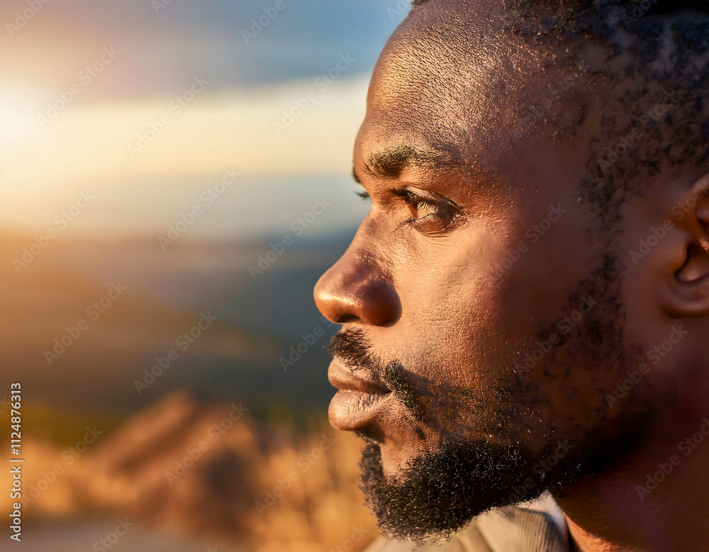 Fototapeta premium Man Contemplating the Horizon: A close-up portrait of a thoughtful young man, bathed in the warm glow of the setting sun as he gazes out at a distant, hazy mountain range.