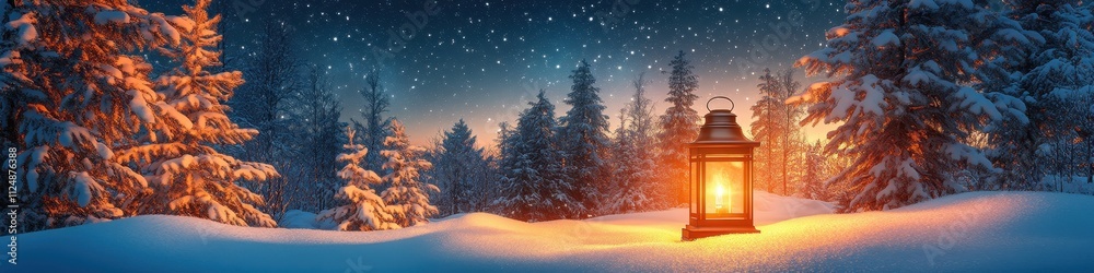 Fototapeta premium Winter Night Scene, Cozy Wooden Lodge with Warm Lighting and Snowy Landscape, Depicting Peaceful Holiday Getaway