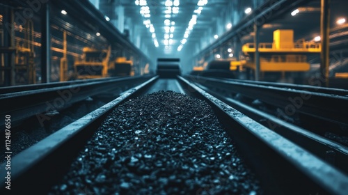 Abstract shot of overlapping conveyor belts loaded with coal, strong contrast and geometric patterns within a dimly lit warehouse