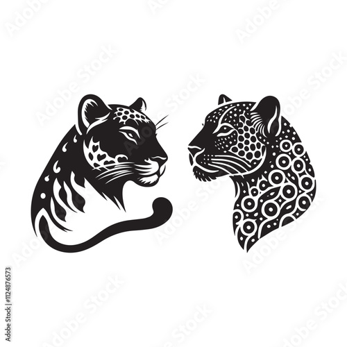 Leopard Silhouette Vector Illustration, Solid White Background.