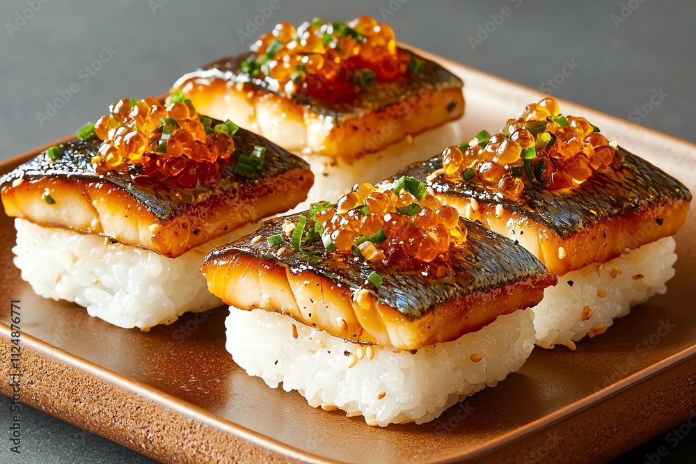 Delicious sushi dish with grilled fish and garnished rice. Delicious sushi dish with grilled fish and garnished rice.