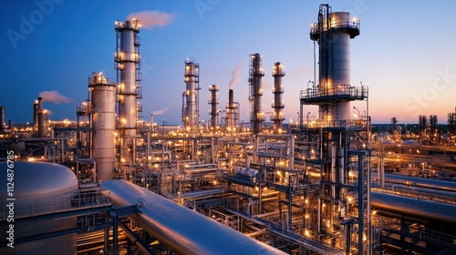 Aerial perspective of an industrial refinery complex at dusk, warm lights illuminating pipes and distillation towers