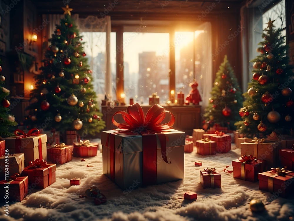 a room with a Christmas tree and a gift box in the middle of it. a room with a Christmas tree and a gift box in the middle of it.