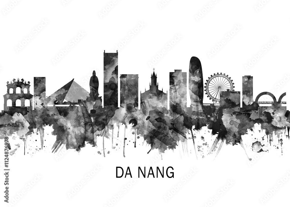 Da Nang Vietnam Skyline BW, cityscape buildings city skyline architecture illustration abstract modern painting travel poster landscape print urban art