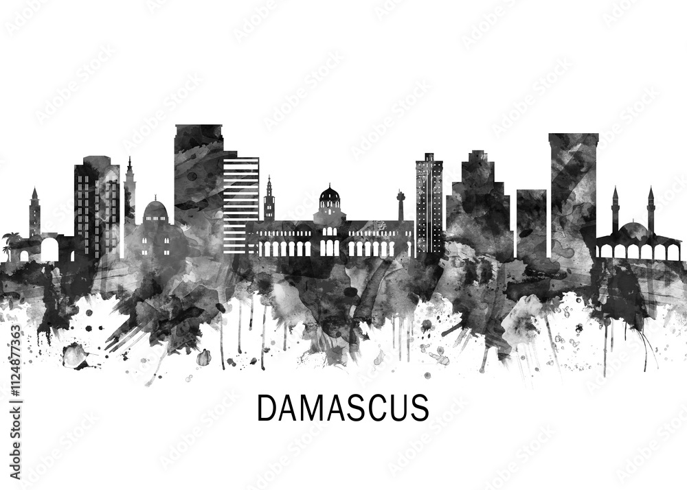 Damascus Syria Skyline BW, cityscape buildings city skyline architecture illustration abstract modern painting travel poster landscape print urban art