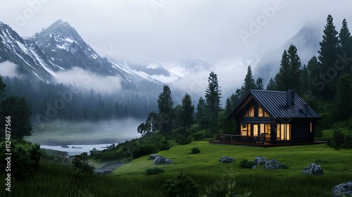 Alpine Cabin at Dusk: 3D Render of a Mountain Retreat AI Generated