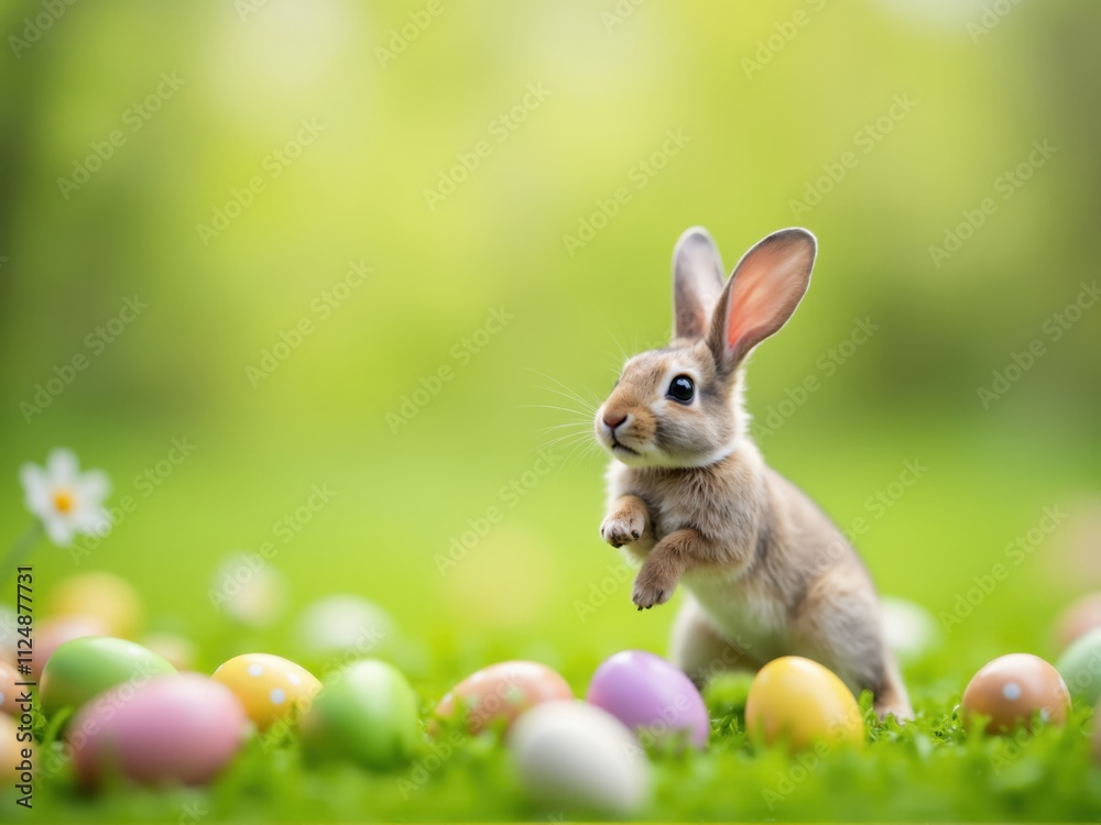 Fototapeta premium Cute easter bunny jumping in green grass with colorful eggs