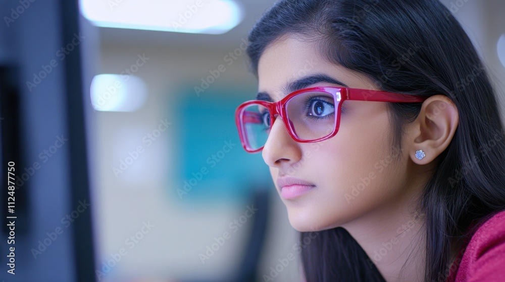Young Woman with Glasses Focused on Computer Screen in Modern Workspace Young Woman with Glasses Focused on Computer Screen in Modern Workspace