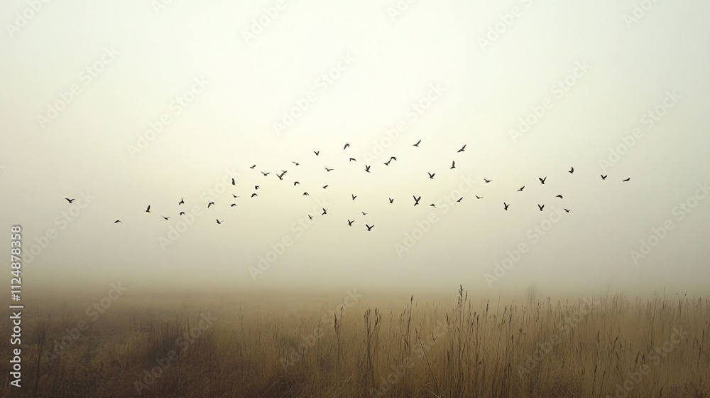 Obraz premium Birds flying low over foggy plains, creating a sense of movement.