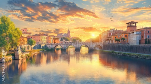 Wallpaper Mural Ancient Rome city at sunset, scenery of old buildings and river in summer. Scenic panorama of historical houses, water and sky. Concept of Roman Empire, antique, travel, painting Torontodigital.ca