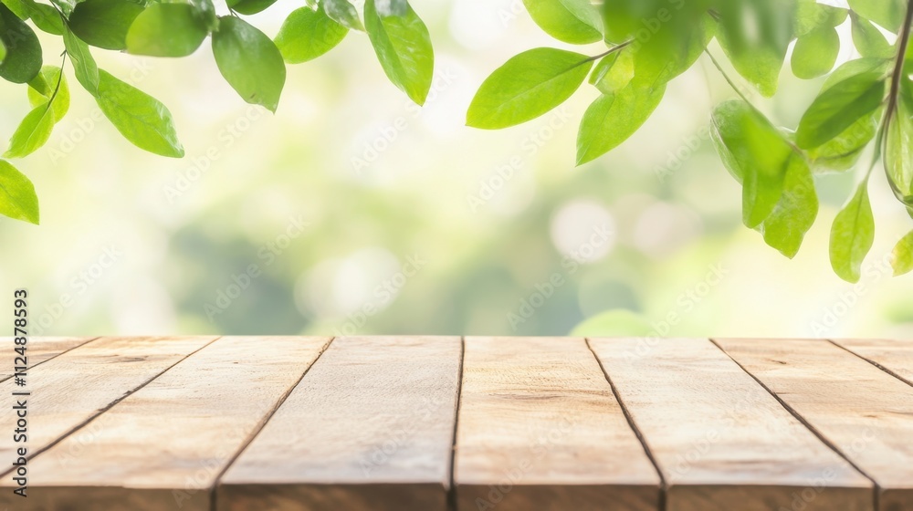 Wooden Table Surface Surrounded by Lush Greenery in Natural Light Setting