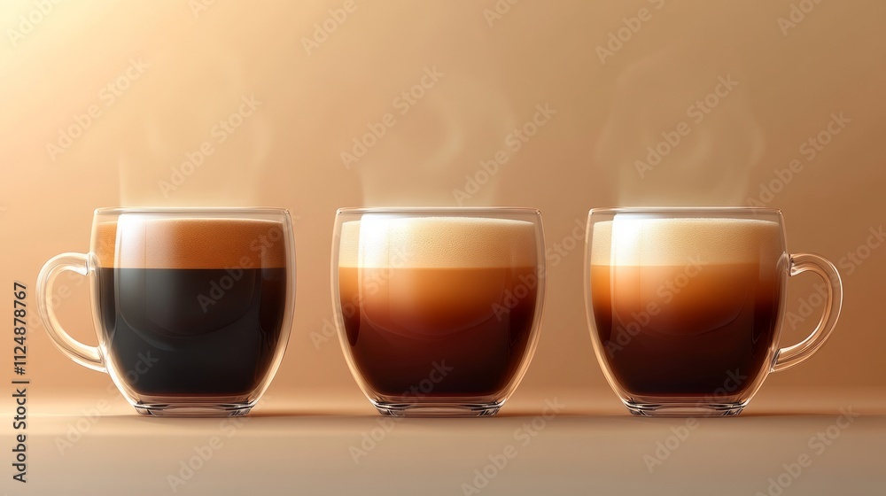 cup coffee beans wooden earthy. Three coffee cups with varying layers of dark and light brews, emitting steam against a warm, neutral background. cup coffee beans wooden earthy. Three coffee cups with varying layers of dark and light brews, emitting steam against a warm, neutral background.