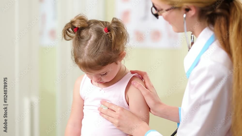 A female doctor in a white lab coat examining a small girl by listening to her breathing with a stethoscope in a medical office during flu season. A female doctor in a white lab coat examining a small girl by listening to her breathing with a stethoscope in a medical office during flu season.