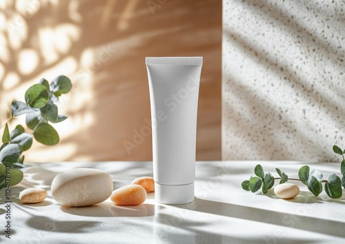 Mockup of cosmetic tube cream 50ml on stone stand on beige background minimalist with green leaves eucalyptus. Natural hard lighting and shadows, wabi sabi style photo