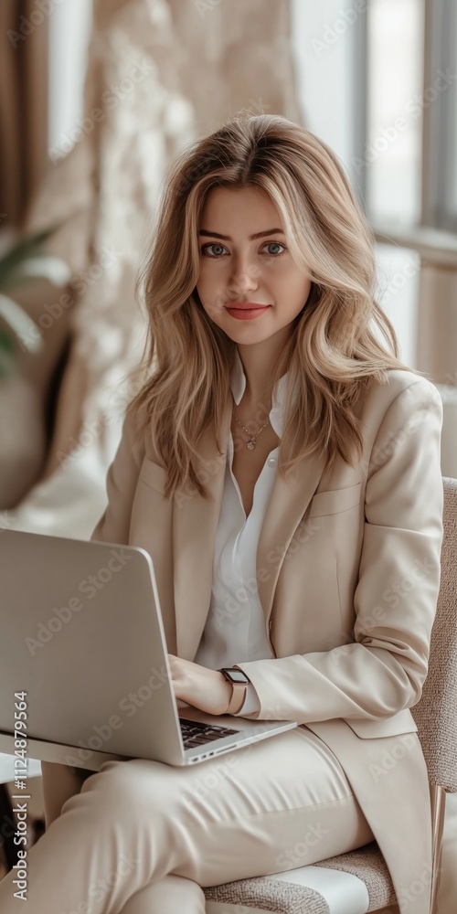 A woman is sitting in a chair with a laptop in front of her. She is wearing a business suit and she is working on the laptop