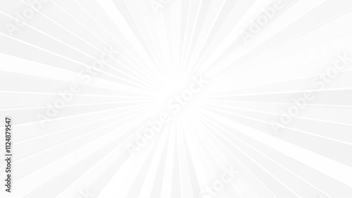 Gray background with white sun ray. Pattern of starburst. Abstract texture with light of sunburst. Radial beam of sunlight. Retro background with flash.