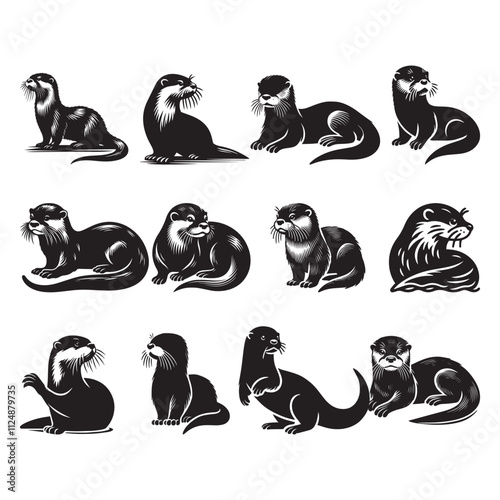 Otter Silhouette Vector Illustration, Solid White Background.