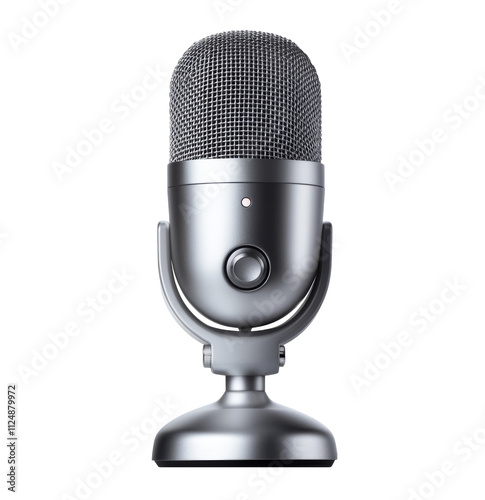 sleek silver microphone with modern design, perfect for podcasting or recording, set against plain background