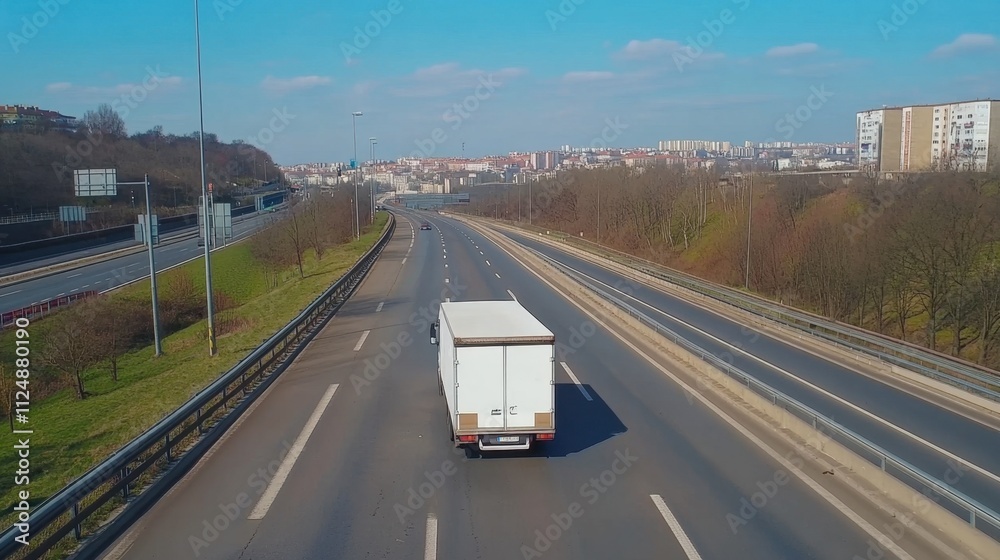 Fototapeta premium White Delivery Truck on an Empty Highway with Blue Sky and City Background