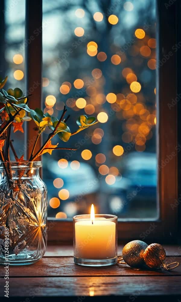 theme for the winter holidays and celebrations: advent candle on the window sill at night,
