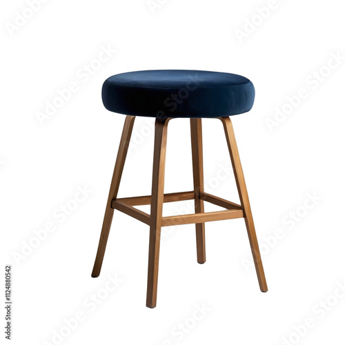 Modern design stool with a round velvet cushion in navy blue with transparent PNG