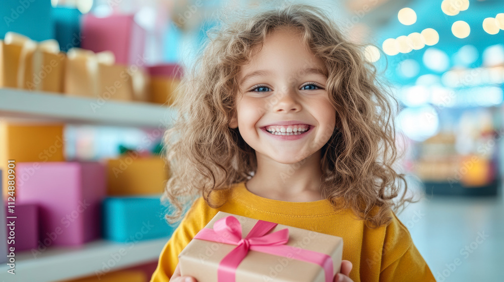 Smiling Girl Holding a Gift Box in a Colorful Store Filled With Presents and Decorations During Daytime Smiling Girl Holding a Gift Box in a Colorful Store Filled With Presents and Decorations During Daytime