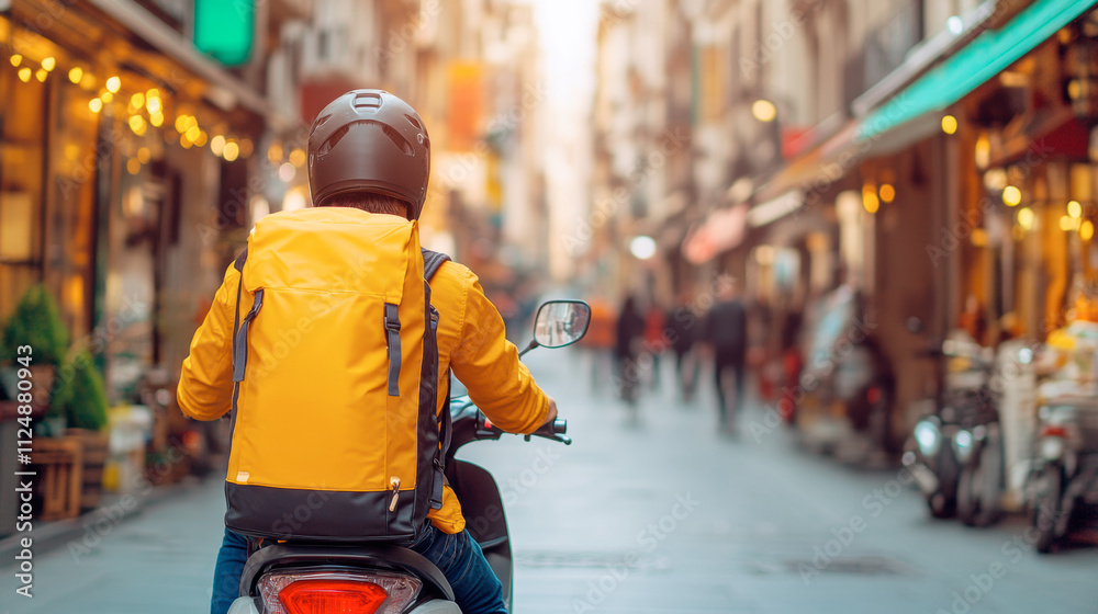 Delivery Rider Navigates Through a Bustling City Street During Sunset in an Urban Area, Showcasing Vibrant Shopfronts and Pedestrian Activity Delivery Rider Navigates Through a Bustling City Street During Sunset in an Urban Area, Showcasing Vibrant Shopfronts and Pedestrian Activity