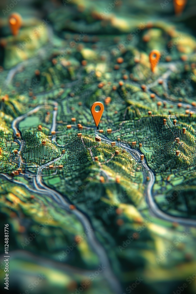 Aerial View of a Detailed 3D Map with Location Pins Highlighting Terrain and Geographic Features in a Vibrant Green Landscape