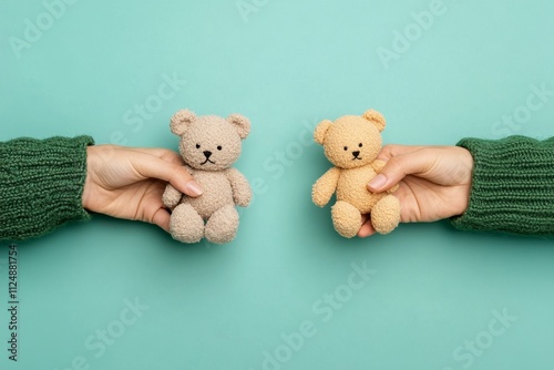 A detailed close-up of a couple hands pulling a single stuffed toy in opposite directions, symbolizing custody struggles