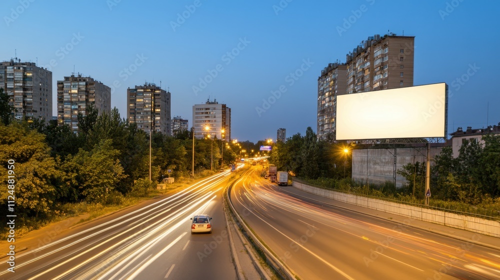 Obraz premium Nighttime Cityscape with Empty Billboard and Traffic Flowing Below