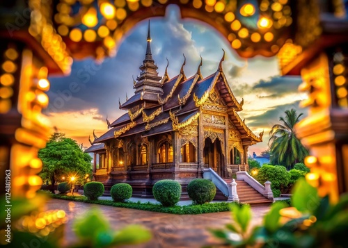 Captivating Interior View of Wat Phra Singh Temple with Stunning Bokeh Effect Showcasing the Intricate Wooden Framework of This Historic Chiang Mai Landmark