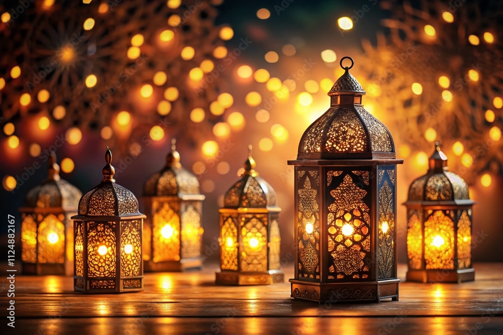 Captivating Islamic Social Media Post Template Featuring Realistic Lantern Ornaments in a Low Light Setting for Engaging Audience Interaction