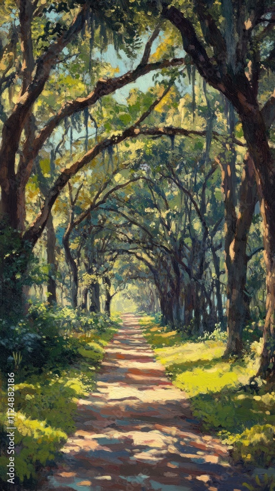 Sunlit Path Through Majestic Oaks: A Serene Southern Landscape