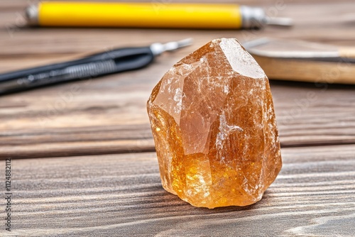 A detailed image of a raw, uncut diamond displayed in a jeweler workshop, with tools and soft natural light in the background