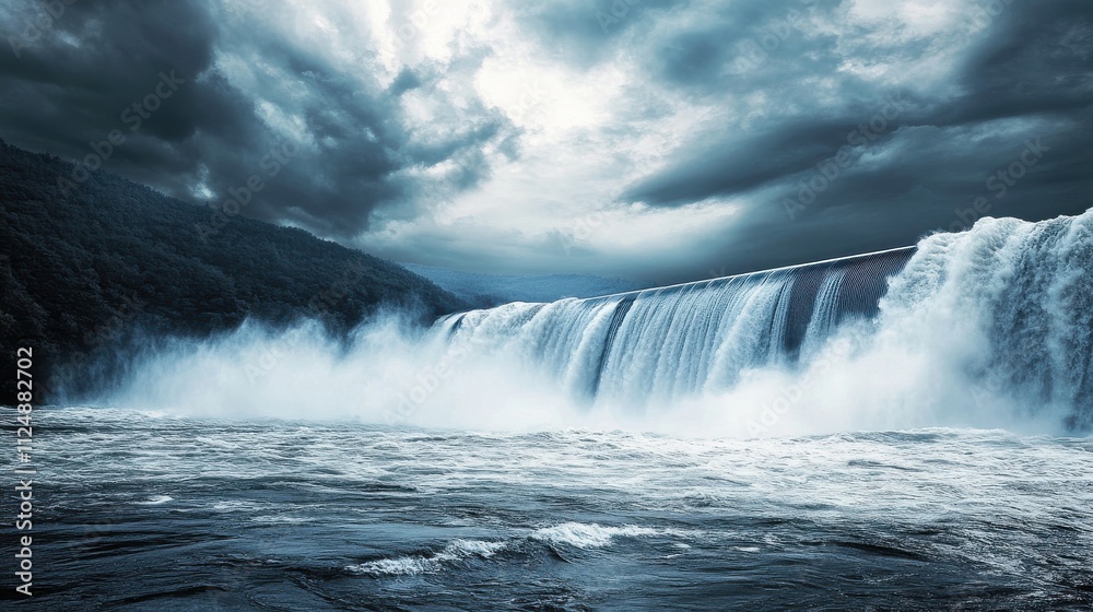 Powerful Water Flow at Spillway under Dramatic Clouds Powerful Water Flow at Spillway under Dramatic Clouds