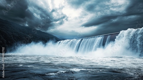 Powerful Water Flow at Spillway under Dramatic Clouds