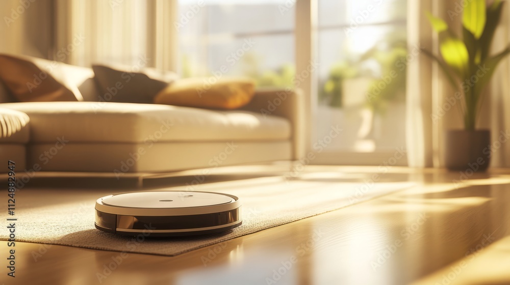 Smart robotic vacuum cleaner navigating aro Sleek laundry robot loading clothes into Sleek autonomous robot assisting with dishw Smart robotic vacuum cleaner navigating aro Sleek laundry robot loading clothes into Sleek autonomous robot assisting with dishw