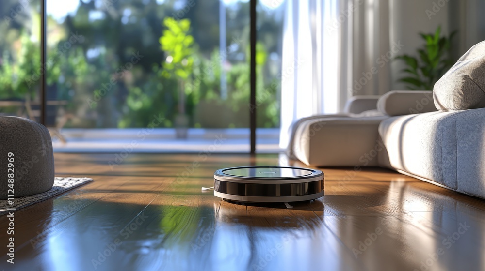 Smart robotic vacuum cleaner navigating aro Sleek laundry robot loading clothes into Sleek autonomous robot assisting with dishw Smart robotic vacuum cleaner navigating aro Sleek laundry robot loading clothes into Sleek autonomous robot assisting with dishw