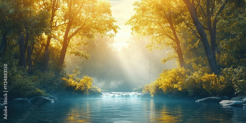 Sunset River Landscape, Golden Hour Lighting on Calm Forested Riverbank for Relaxation and Nature Inspiration Sunset River Landscape, Golden Hour Lighting on Calm Forested Riverbank for Relaxation and Nature Inspiration